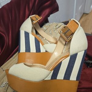 Jessica Simpson Tan and Navy Striped Wedges